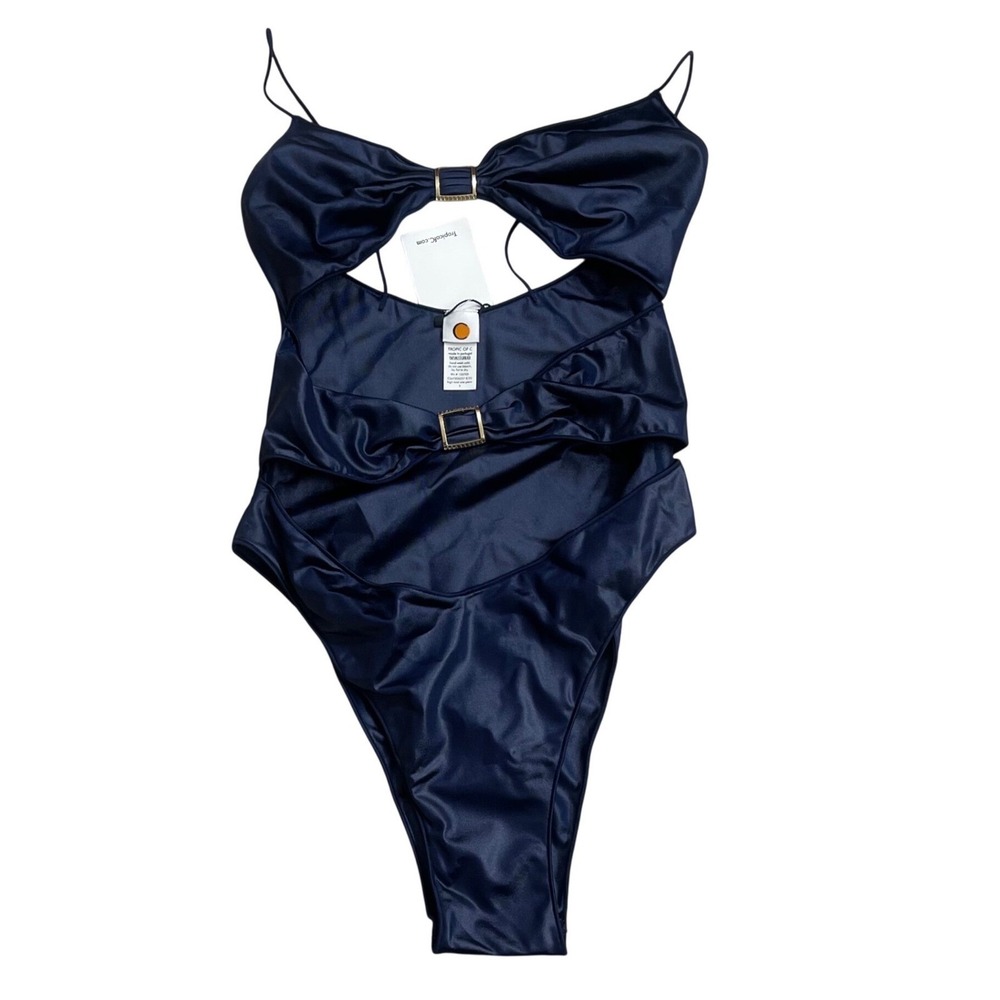Tropic of C High Twist One Piece Swimsuit Navy Blue Gold Buckle Cutout Small NEW